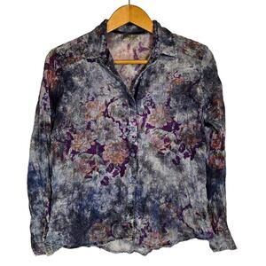 Vtg Magazine Multicolor Floral Velvet Trim Button Collar Cotton Boho Artsy Large